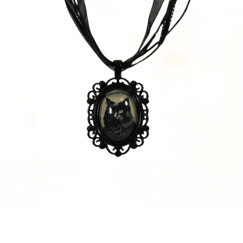 Gothic Black Cat Portrait Necklace